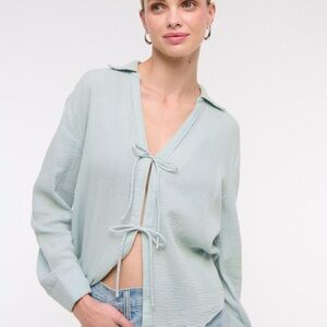 Light Sage Tie-Front Textured Blouse